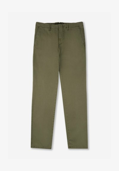 Pantaloni verde oliva in cotone con taglio dritto, dotati di passanti per cintura, tasche anteriori e una texture pulita e liscia.