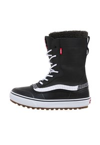 Black high-top boots with white laces, fur-lined collar, thick rubber sole, and contrasting white stitching. Features red brand tag on side.