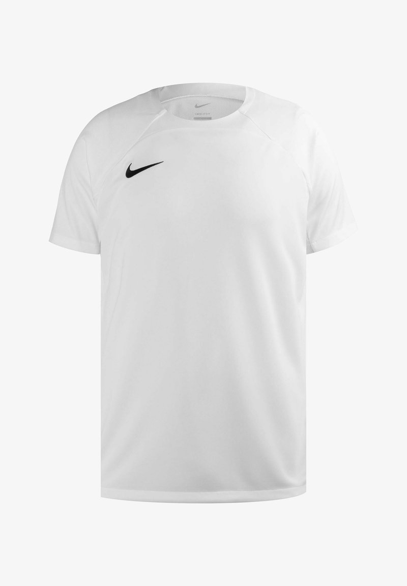 T-shirt de sport blanc à manches courtes, col rond, logo Nike noir sur la poitrine gauche, fabriqué en tissu léger qui évacue l'humidité.