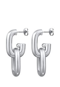 Silberne Creolen mit miteinander verbundenen Gliedern. Glatte, polierte Oberfläche mit schimmerndem Finish. Standardmäßiger Steckverschluss.