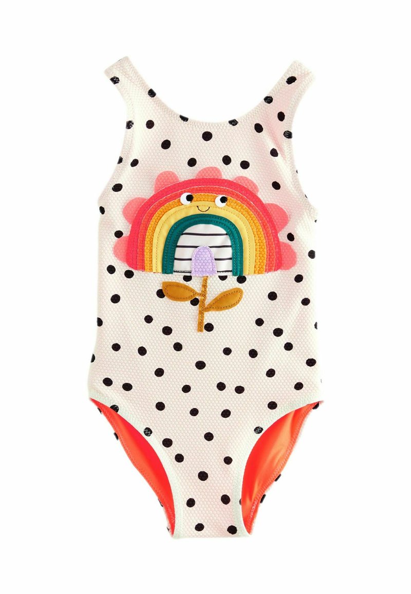 Costume da bagno intero a pois bianco, con un vivace motivo di arcobaleno e fiori. Dettagli arancioni all'apertura delle gambe. Tessuto testurizzato.