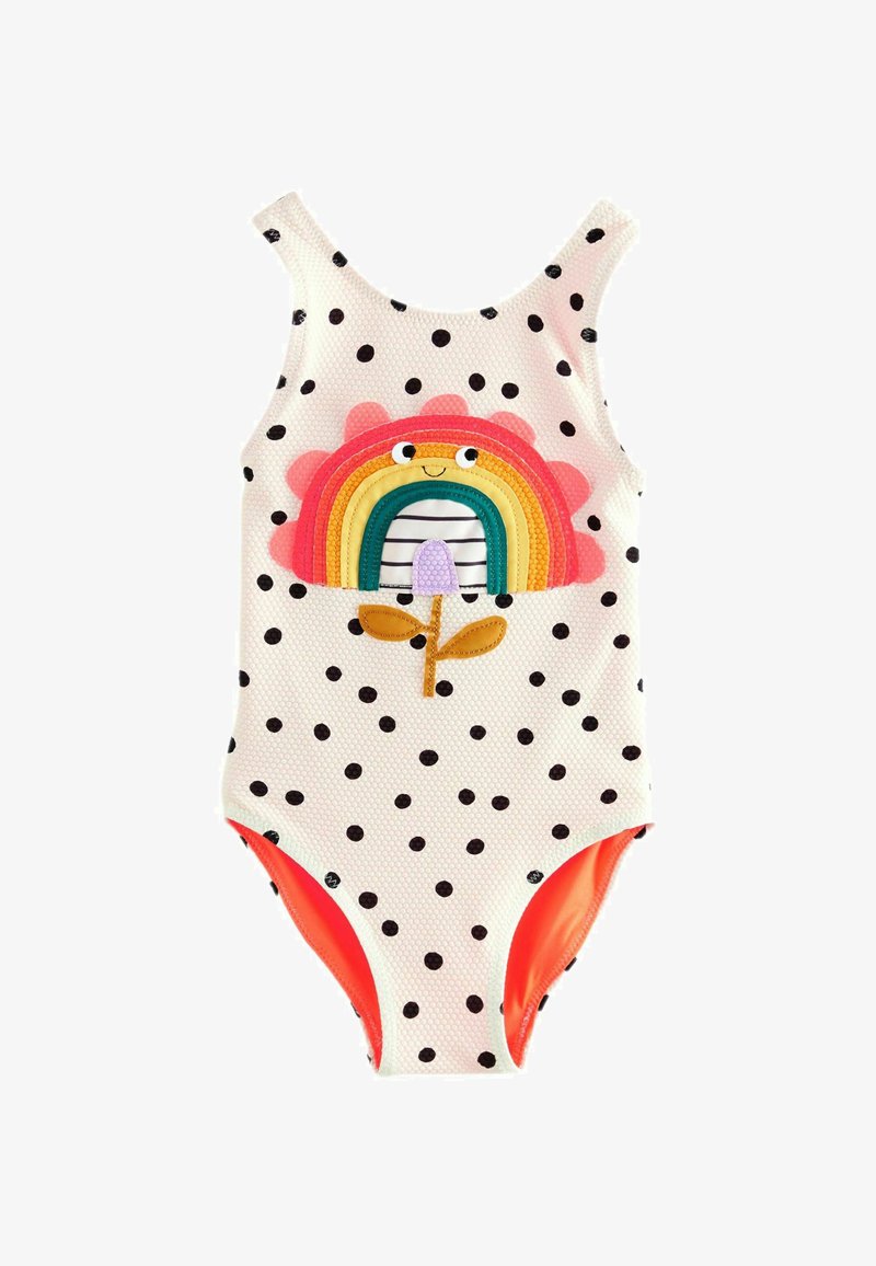 Maillot de bain une pièce à pois blancs, avec un motif coloré de rainbow et de fleurs. Accents orange aux ouvertures des jambes. Tissu texturé.