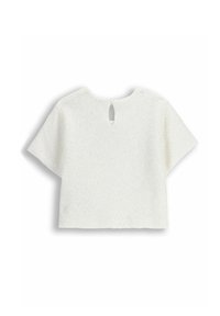 Biały dzianinowy top o fakturowanym wykończeniu, z krótkimi rękawami i tylnym wycięciem w kształcie klucza zapinanym na mały guzik.