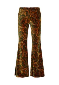 Pantaloni svasati in un motivo paisley con colori verde, arancio e marrone. Realizzati in un tessuto morbido con una vita elastica.
