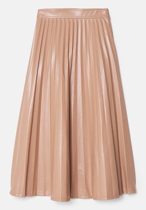 Gonna a pieghe A-line di un color beige chiaro, realizzata in materiale liscio e lucido con una vita, caratterizzata da profonde pieghe verticali.