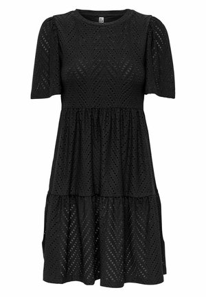 Black, short-sleeve dress with a textured, eyelet design and a tiered silhouette. Features a round neckline and slightly puffed sleeves.