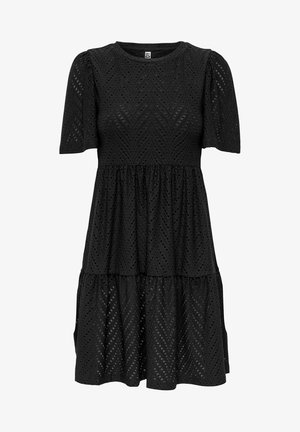 Black, short-sleeve dress with a textured, eyelet design and a tiered silhouette. Features a round neckline and slightly puffed sleeves.