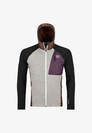 Hooded jacket featuring a gray knit body, black textured sleeves, and maroon accent pocket. Zipper closure and logo on front.