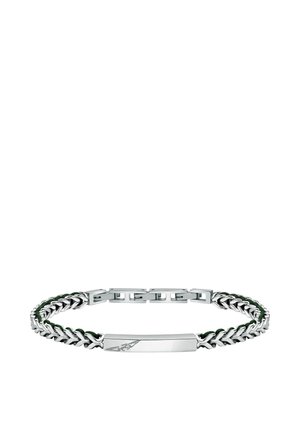 Bracciale a catena in argento con dettaglio intrecciato verde e piastra rettangolare incisa al centro.