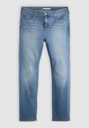 Gaiši zili džinsi ar taisnu kāju dizainu, ar izbalējušām vietām, pieci kabatas, pogu aizdare un jostu cilpas.