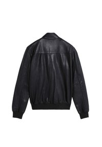 Schwarze Lederbomberjacke mit glatter Textur, elastischen Bündchen und Saum, Kragen und Rückennahtdetail.