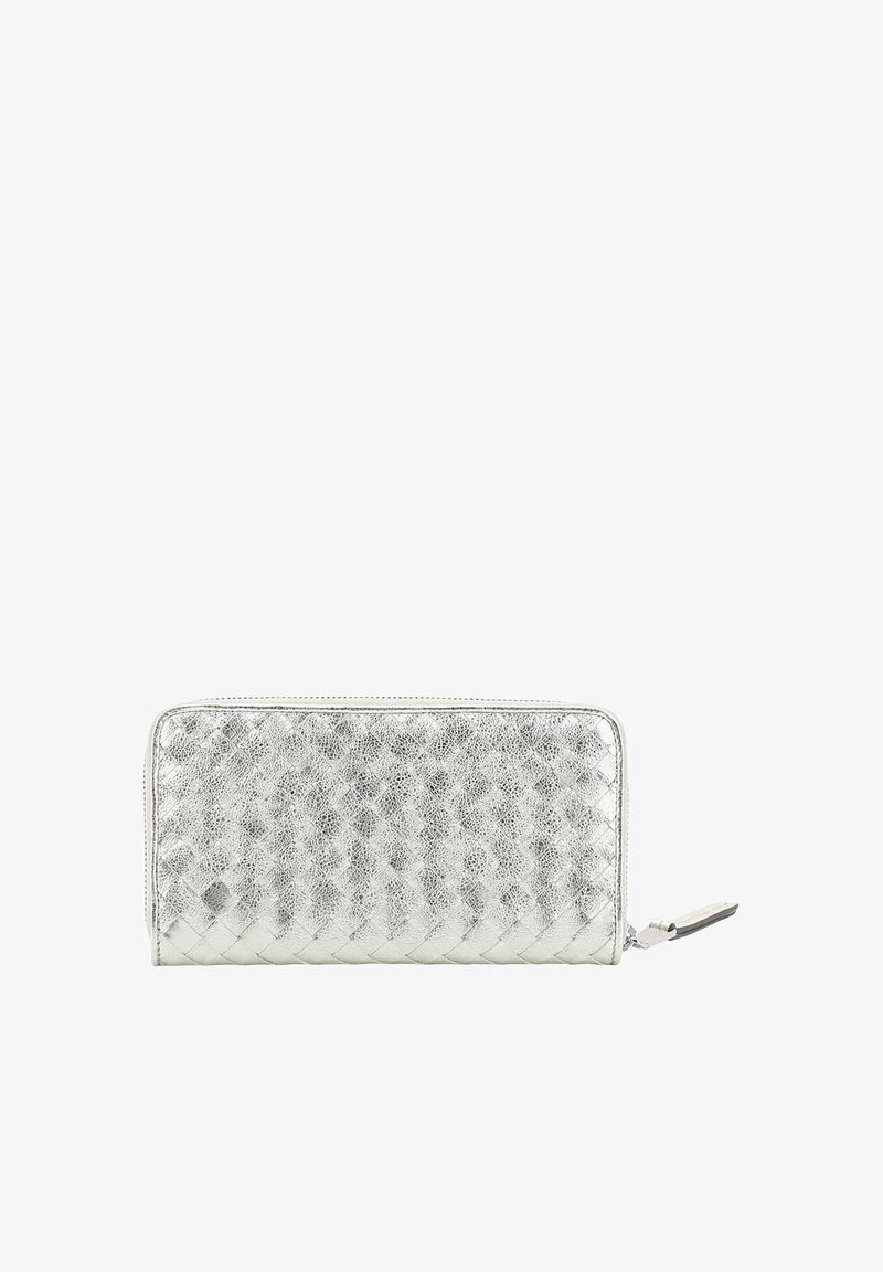 Silver wallet featuring a woven texture, smooth metallic finish, zip closure, and minimal hardware accents. Compact rectangular design.