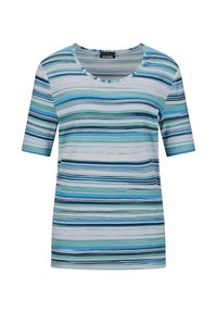 T-shirt à manches courtes en tissu léger, avec des rayures horizontales dans des nuances de bleu et de vert, à col rond et coupe décontractée.