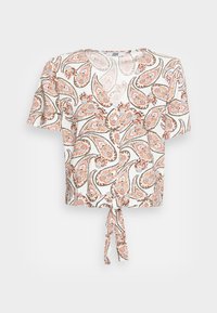 Blusa bianca a maniche corte con motivi paisley in rosa e arancione, scollo a V, bottoni frontali e un nodo davanti in vita.