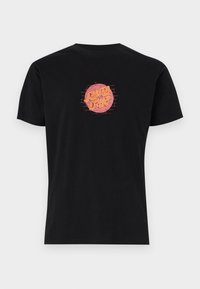 Black cotton t-shirt featuring a circular pink and orange graphic with "Santa Cruz" text in a bold, stylized font on the front.