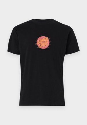 Black cotton t-shirt featuring a circular pink and orange graphic with "Santa Cruz" text in a bold, stylized font on the front.