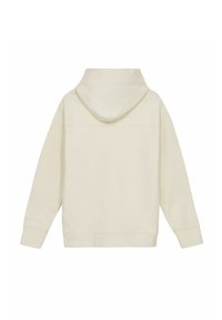 Felpa con cappuccio colore crema, tessuto morbido, vestibilità comoda, maniche lunghe, dettaglio tasca a marsupio e polsini e orlo a costine. Vista posteriore.