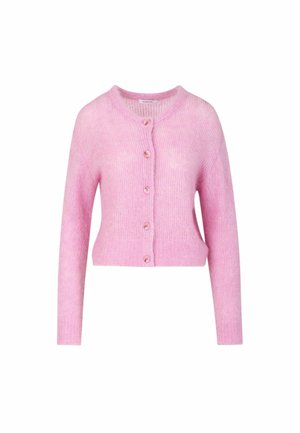 Pink cropped cardigan made from soft material, featuring a round neck, long sleeves, and five buttons down the front.
