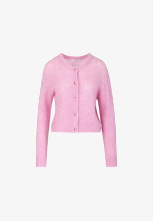 Pink cropped cardigan made from soft material, featuring a round neck, long sleeves, and five buttons down the front.