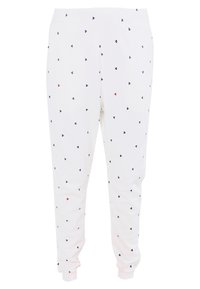 Vita sweatpants med små mörkblå och röda triangulära mönster; har ett elastiskt midjeband och smalnande muddar. Mjuk, stretchig material.