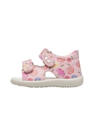 Sandalo rosa per bambino con motivo floreale, due cinturini in velcro regolabili e suola in gomma bianca.
