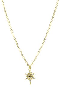 Gouden ketting met een stervormige hanger, voorzien van heldere strassstenen en een centrale zwarte steen, bevestigd aan een schakelketing.