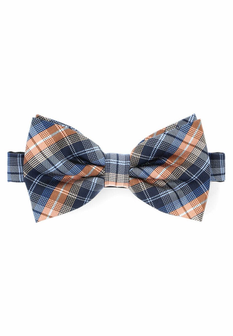 Granatowo-niebieski i pomarańczowy krawat w kratkę, wykonany z teksturowanej tkaniny, o symetrycznym kształcie motyla i solidnej taśmie.