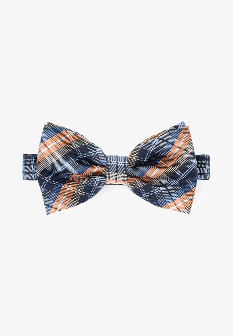 Granatowo-niebieski i pomarańczowy krawat w kratkę, wykonany z teksturowanej tkaniny, o symetrycznym kształcie motyla i solidnej taśmie.
