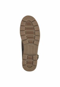 Semelle en caoutchouc brun avec motif de grip texturé, comportant des sections surélevées et des points ronds. Marque estampée "S.OLIVER" et taille "37."