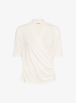 White wrap top made of soft fabric, featuring short sleeves, a v-neckline, and gathered detailing on the side for a relaxed fit.