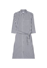 Striped shirt dress in navy and white, featuring a collar, button front, three-quarter sleeves, a waist tie, and a chest pocket.