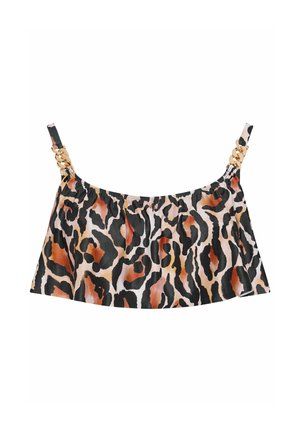 Valkoisella taustalla oleva crop top, jossa on ruskea ja musta leopardikuosi, kultaiset ketjuhihnat ja rypytetty pääntie.