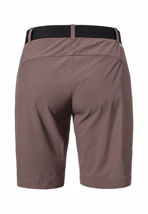 Braune, leichte Shorts mit einem schwarzen Bund, die eine glatte Textur und saubere Nähte aufweisen. Das Design hebt zwei Gesäßtaschen hervor.