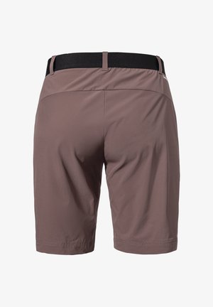 Braune, leichte Shorts mit einem schwarzen Bund, die eine glatte Textur und saubere Nähte aufweisen. Das Design hebt zwei Gesäßtaschen hervor.