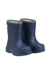 Stivali di gomma impermeabili blu navy con interni grigi, punte arrotondate, pannelli laterali testurizzati e una suola spessa per una migliore trazione.