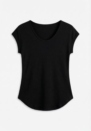 Black short-sleeve ribbed knit top with scoop neckline and rounded hem, laid flat on white background.