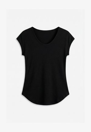 Black short-sleeve ribbed knit top with scoop neckline and rounded hem, laid flat on white background.