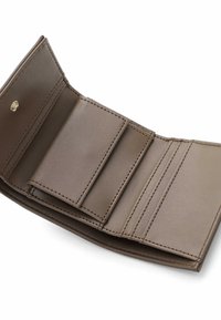 Brown leather wallet with multiple card slots, a coin pocket, and visible stitching details, featuring a smooth texture and minimalist design.