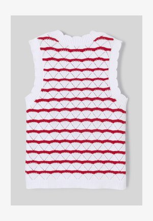 Top sans manches en tricot blanc avec un motif rouge en dents de scie, tissu texturé et col volé. Conçu pour le confort et le superposition.