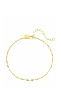 Pulsera de cadena de oro con un diseño de eslabones alargados, que presenta un pequeño charm de concha y un cierre ajustable para el tamaño.