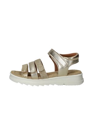 Metallic gouden open-teen sandaal met drie verstelbare bandjes en een gewatteerde witte zool, ontworpen voor comfort en casual gebruik.