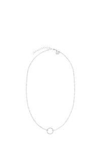 Silberne Halskette mit einer einfachen, zarten Kette und einem runden Anhänger. Verfügt über einen Verschluss mit einer verstellbaren Kette für Längenvariationen.