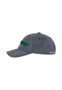 Tumši zilu denim baseball cepuri ar zaļiem izšūtiem uzrakstiem un purpura akcentiem. Ar izliekto vizieri un sešu paneļu strukturētu dizainu.