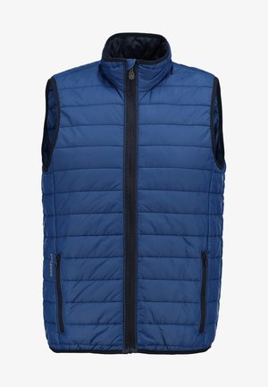 Homme portant une veste matelassée bleue sur une chemise grise à manches longues, un jean gris et des chaussures bateau noires, debout devant un fond blanc.