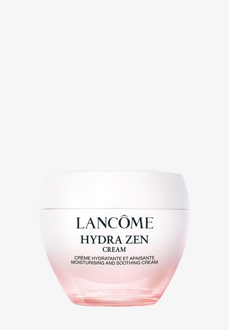 Lancôme Hydra Zen Feuchtigkeits- und Beruhigungscreme in einem rosafarbenen, mattierten Glas mit weißem Deckel, beschriftet auf Französisch und Englisch.