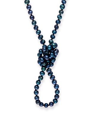 Dark blue pearl necklace featuring round pearls in varying sizes, knotted in a decorative pattern, with a smooth, metallic sheen.