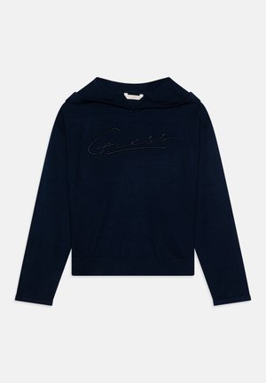 Sweatshirt cropped bleu marine avec capuche, arborant un logo "Guess" brodé dans un fil contrastant. Tissu doux avec des manches longues.