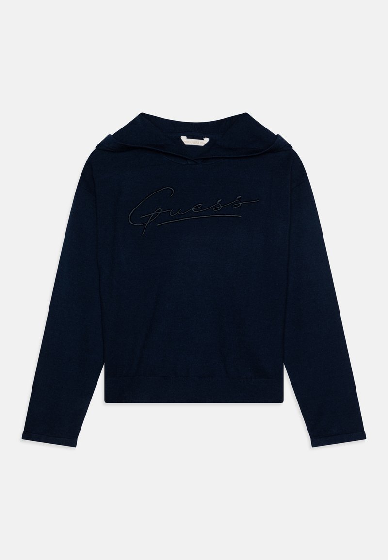 Felpa corta blu navy con cappuccio, caratterizzata dal logo ricamato "Guess" in un filo a contrasto. Tessuto morbido con maniche lunghe.