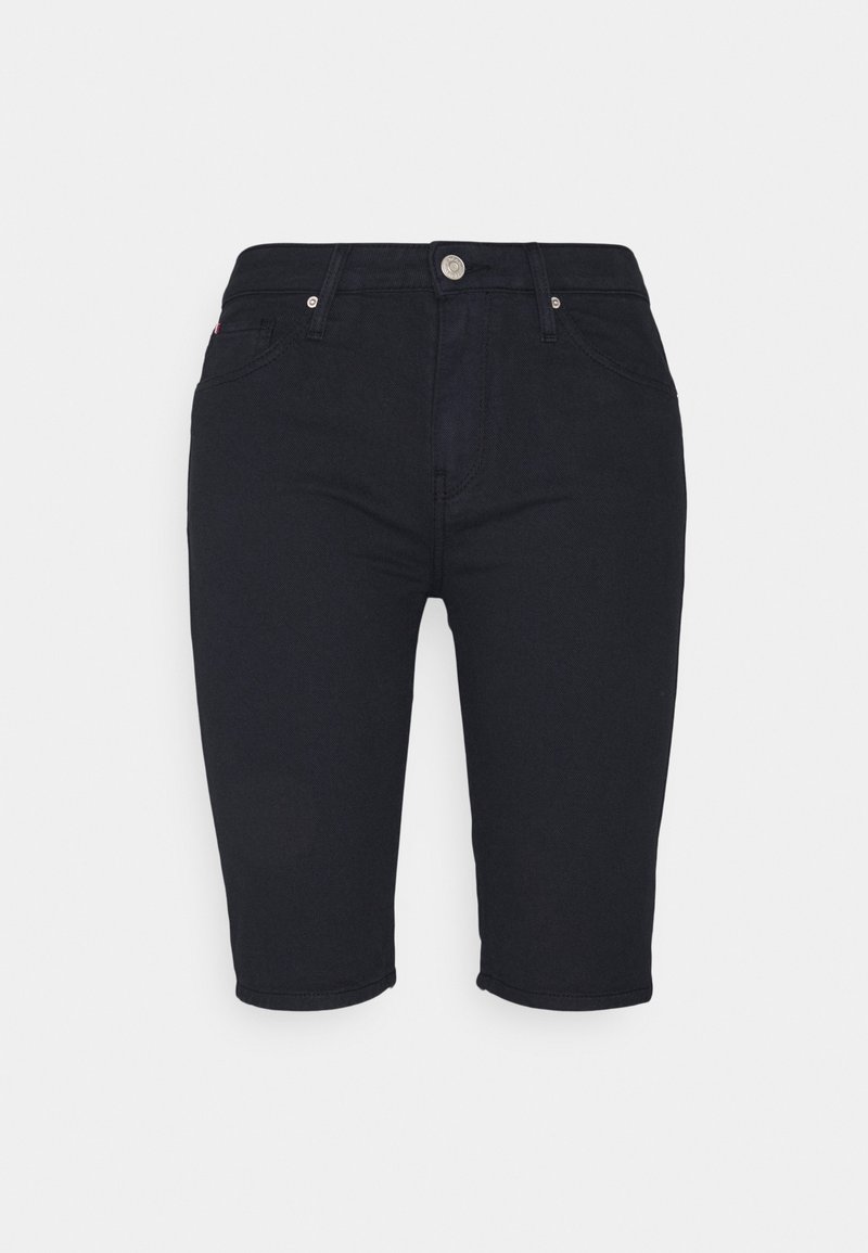 Shorts en denim noirs mi-longue, avec bouton frontal et poches, présentés sur un fond blanc.