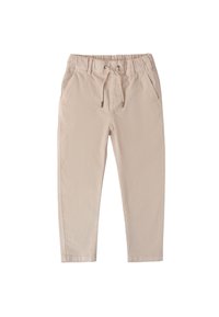 Beige broek met een elastiche tailleband, trekkoorden en zijzakken. Gelaagd geweven stof, taps toelopende pasvorm met gestikte accenten.